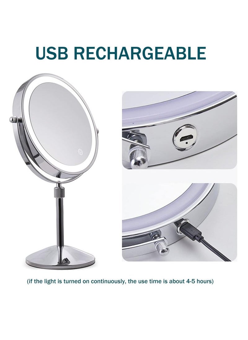 Lighted Makeup Mirror, Dimmable Touch Screen Led Vanity Mirror with 3 Color Lighting, Brightness Adjustable Makeup Mirror, 360° Rotation Rechargeable Double Sided Magnifying Mirror - 1x/10