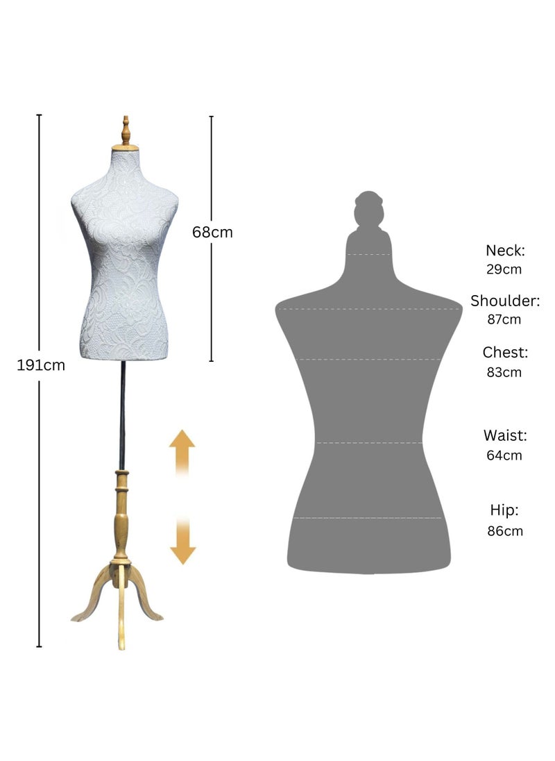 190cm Display Female Mannequin Torso Body Dress Forms with Adjustable Height, Women Sewing Manikin Body Mannequin Stand, Half Body Mannequin for Display Wooden Tripod Stand, Head, Stainless Steel Tube