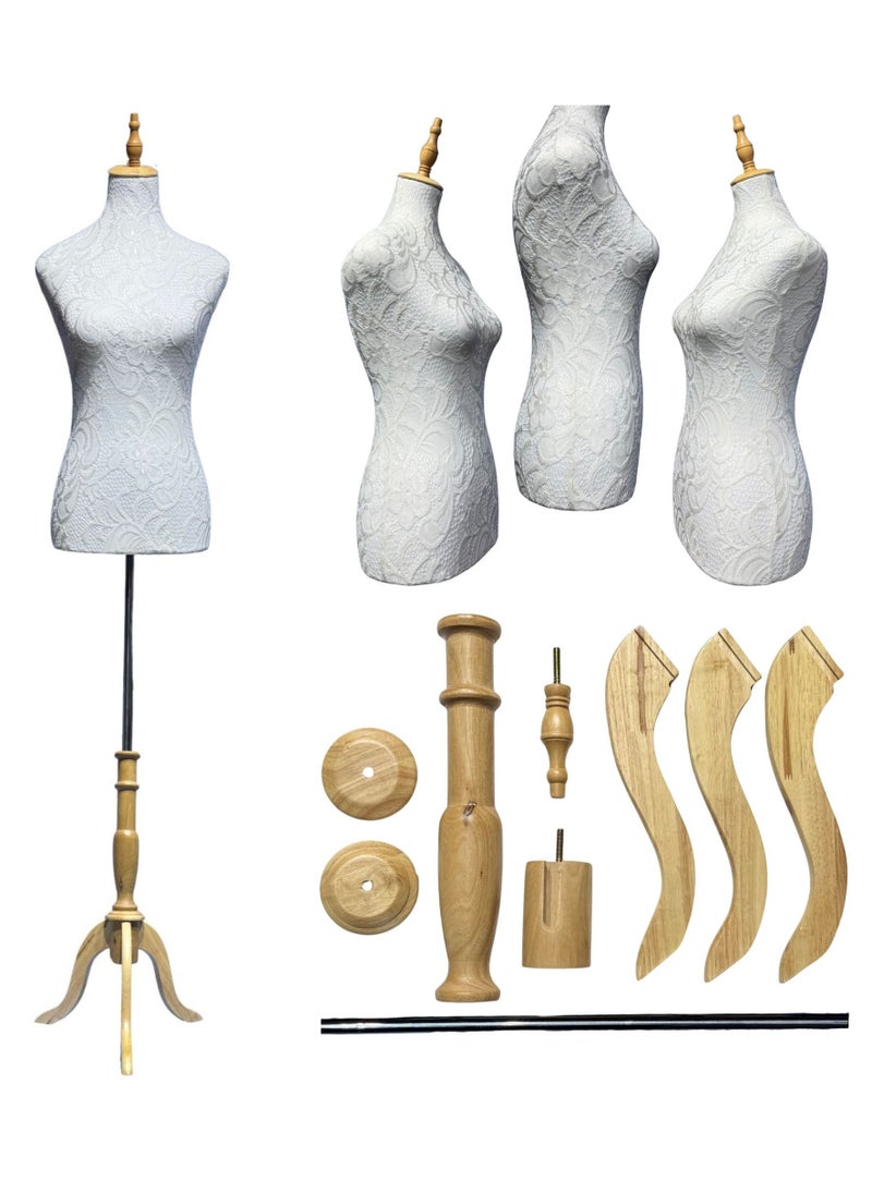 190cm Display Female Mannequin Torso Body Dress Forms with Adjustable Height, Women Sewing Manikin Body Mannequin Stand, Half Body Mannequin for Display Wooden Tripod Stand, Head, Stainless Steel Tube