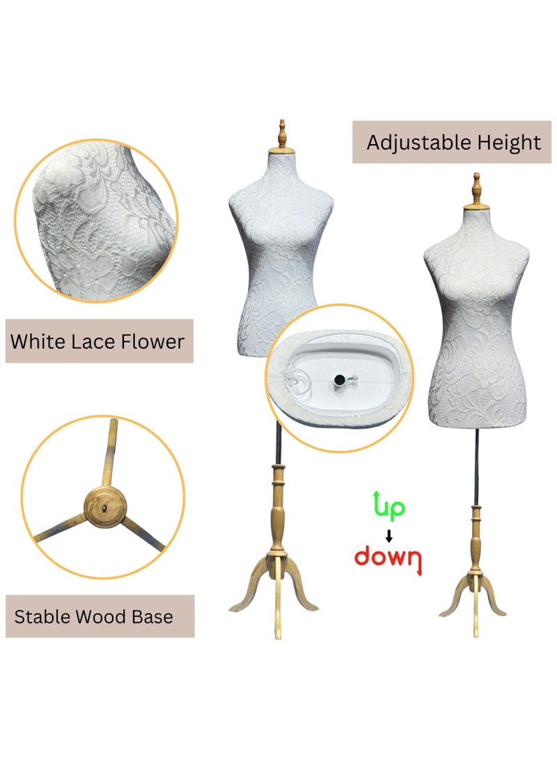 190cm Display Female Mannequin Torso Body Dress Forms with Adjustable Height, Women Sewing Manikin Body Mannequin Stand, Half Body Mannequin for Display Wooden Tripod Stand, Head, Stainless Steel Tube