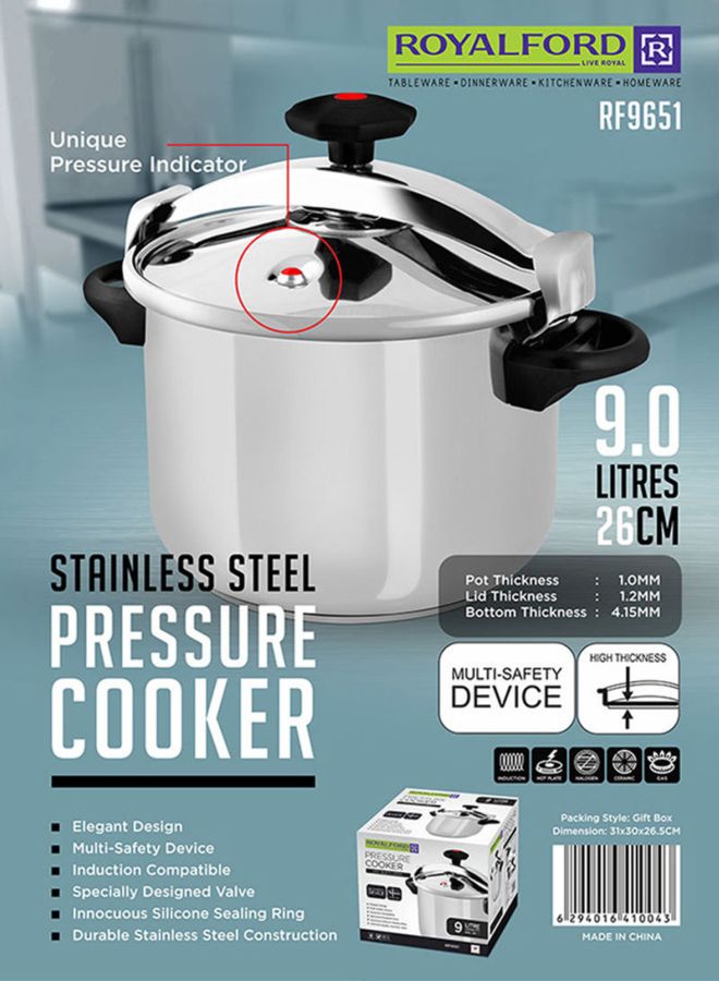 Stainless Steel Pressure Cooker Silver 9Liters