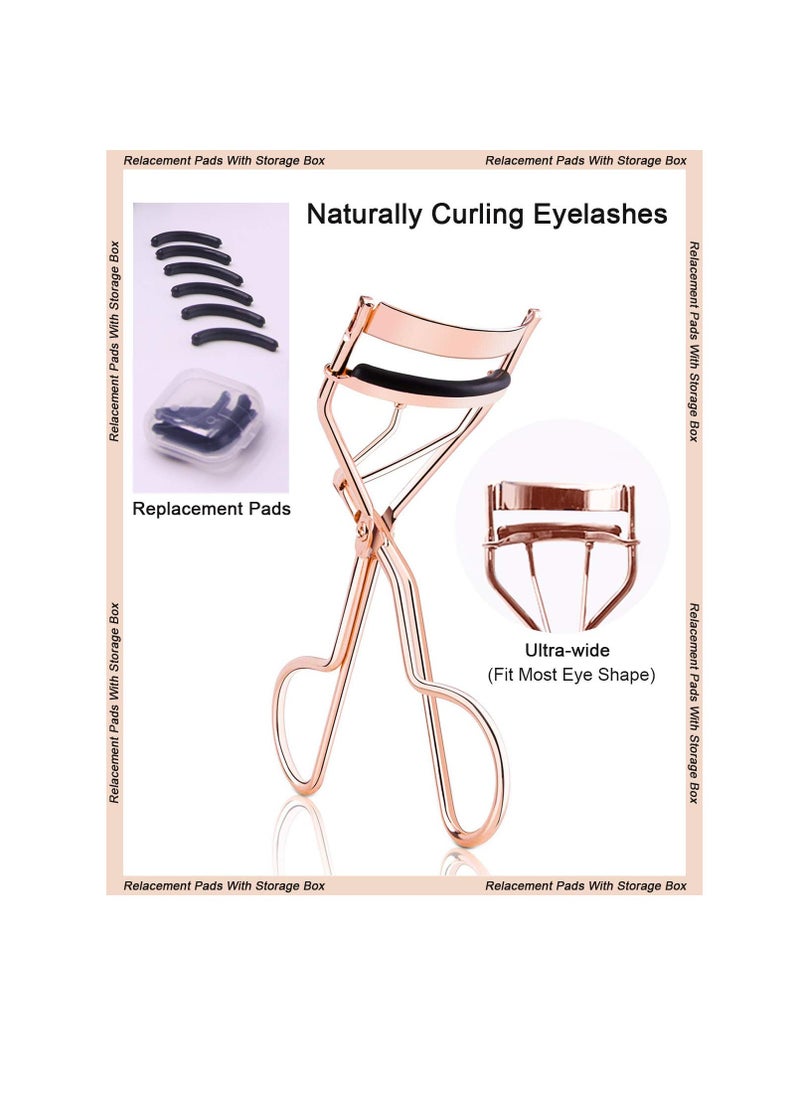 Eyelash Curler Kit Metal Lash Curlers with Mascara Applicator Eyelashes Separator Comb & 6 Replacement Refill Pads (Rose Gold)