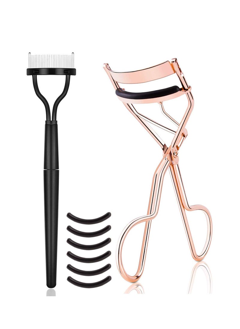 Eyelash Curler Kit Metal Lash Curlers with Mascara Applicator Eyelashes Separator Comb & 6 Replacement Refill Pads (Rose Gold)