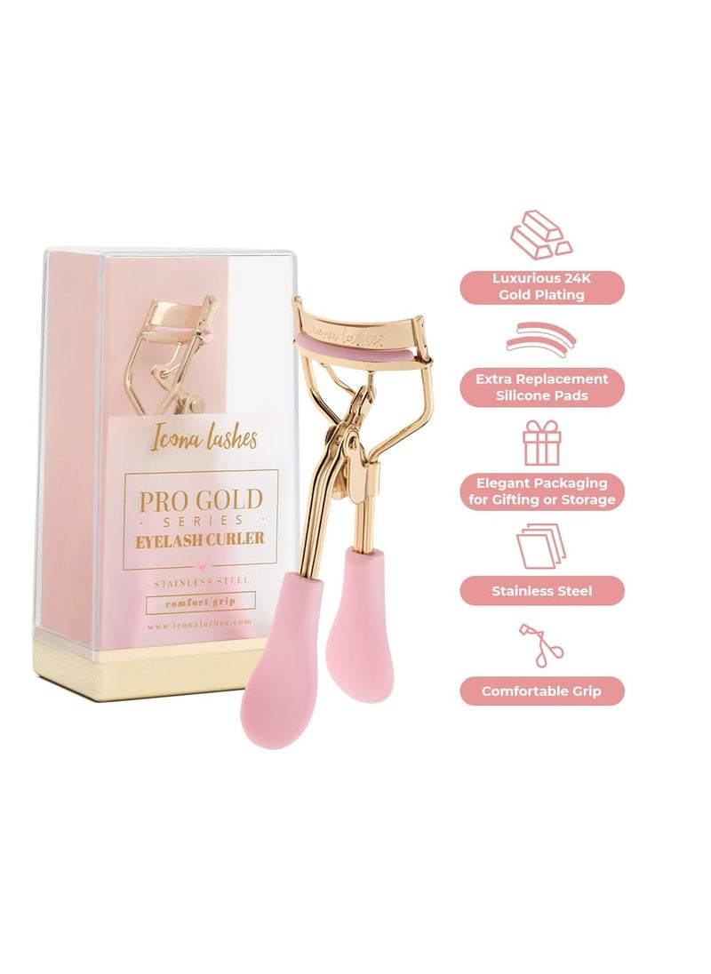 Eyelash Curler - 24K Gold-Plated Stainless Steel Precision Eye Lash Curler for Lush, Luxurious Lashes - Silicone Eyelash Curler Pads, Ergonomic Cushioned Handles - with Replacement Pads