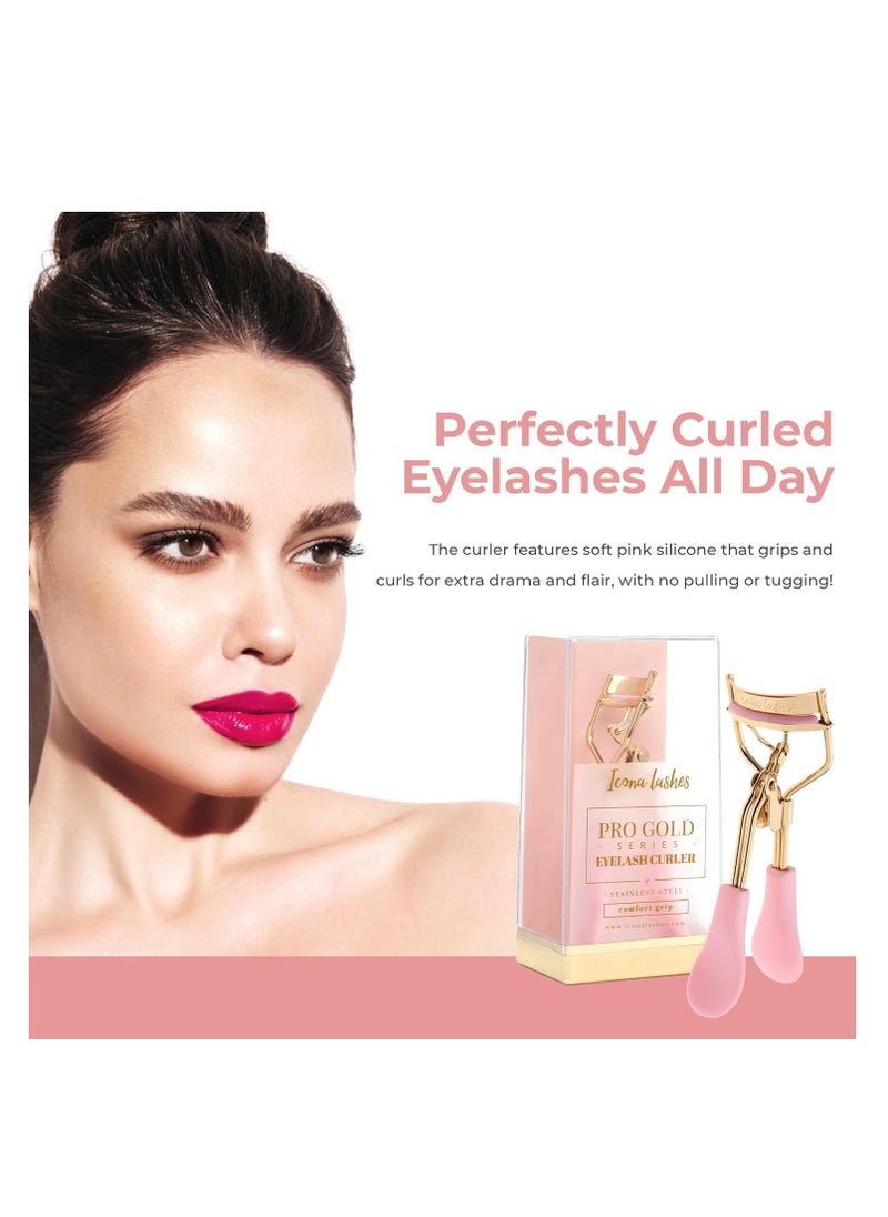 Eyelash Curler - 24K Gold-Plated Stainless Steel Precision Eye Lash Curler for Lush, Luxurious Lashes - Silicone Eyelash Curler Pads, Ergonomic Cushioned Handles - with Replacement Pads