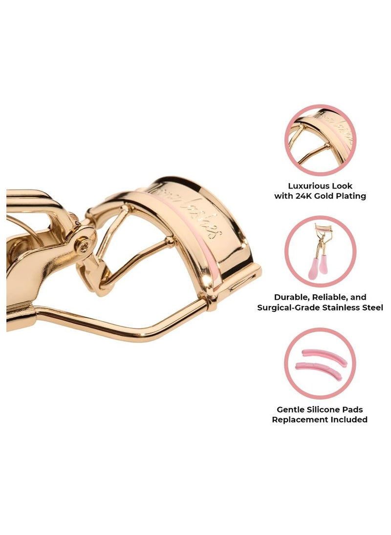 Eyelash Curler - 24K Gold-Plated Stainless Steel Precision Eye Lash Curler for Lush, Luxurious Lashes - Silicone Eyelash Curler Pads, Ergonomic Cushioned Handles - with Replacement Pads