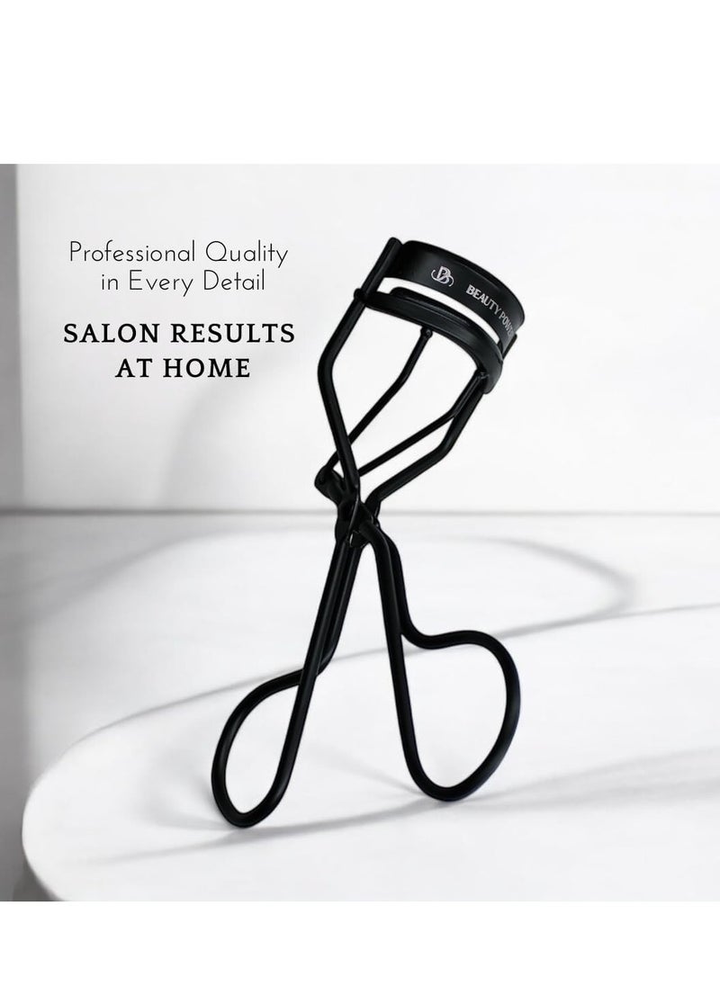 Eyelash Curler with 5 Replacement Pads, Brush for Eyebrows, Sating Travel Bag - Perfect Curls/Lash Lift in Seconds - Gentle & Safe - German Stainless Steel (Black)