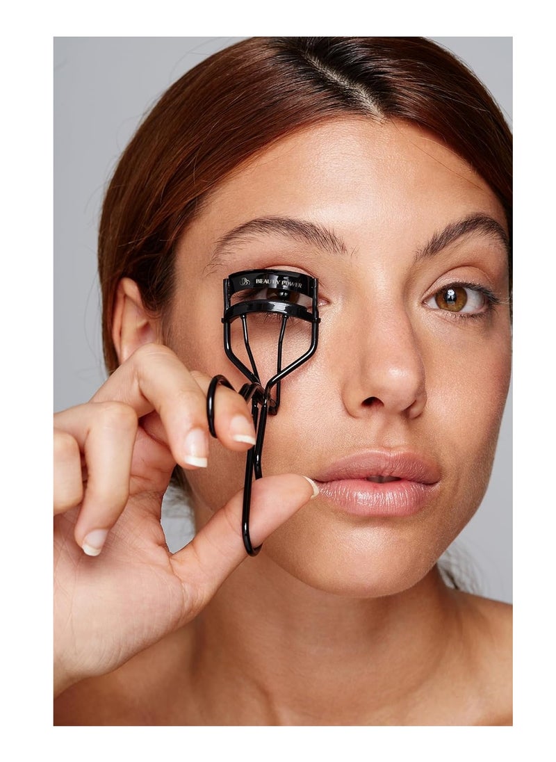 Eyelash Curler with 5 Replacement Pads, Brush for Eyebrows, Sating Travel Bag - Perfect Curls/Lash Lift in Seconds - Gentle & Safe - German Stainless Steel (Black)