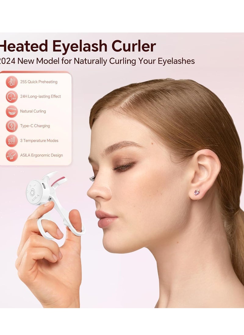 Heated Eyelash Curlers, C-Shaped Natural Curling, Fast Heat up Within 10s, 24 Hours Long Lasting, Rechargeable Electric Eyelash Curler with Type-C, Anti-Burn Mini Lash Curler, White
