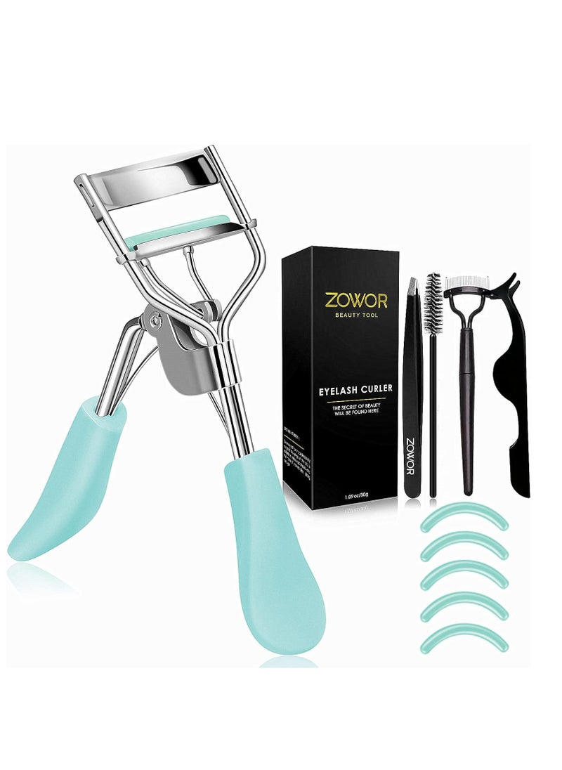 Eyelash Curler with Comb and Brush Fit All Eye Shape Curved Eyelash Curlers with 5PCS Silicone Refill Pad,Natural and Long Lasting Lash Curler for Women Make Up Gift(Blue)