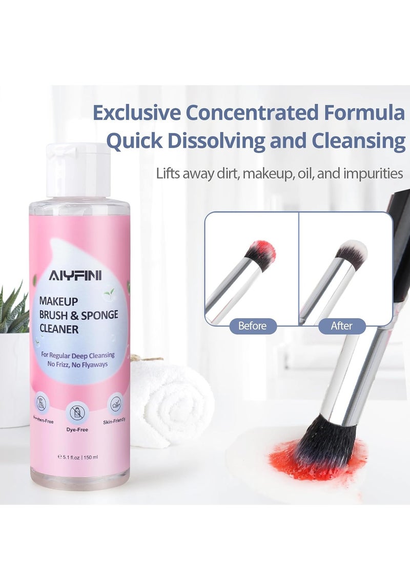 Alyfini Makeup Brush Cleaner Solution Concentrate - 10.2 Fl Oz Makeup Remover Shampoo Set with a Foldable Make Up Cleanser Silicone Bowl, Deep Cleaning Tool Kit for Makeup Brushes, Sponge and Puffs