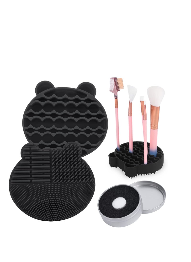 Silicon Makeup Brush Cleaner Mat with Brush Drying manual Make up brush cleaner cleanser machine Cosmetic Brush Cleaning Pad+Makeup Brush Dry Cleaned Quick Color Removal Sponge Scrubber Tool(Black)