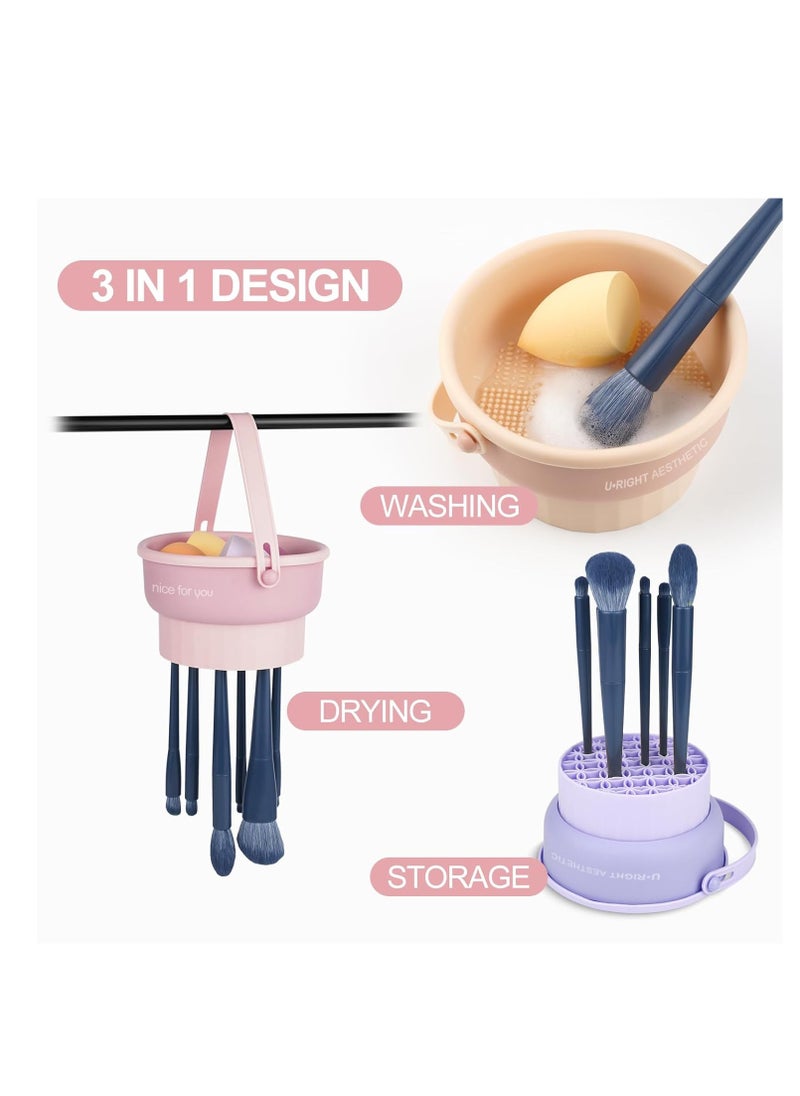 Makeup Brush Cleaner Mat 3 in 1 Silicone Makeup Brush Cleaning Bowl with Drying Holder Brush Cleaning Scrubber Tool Cosmetic Brush Cleaner with Holder for Storage Stand (Pink)