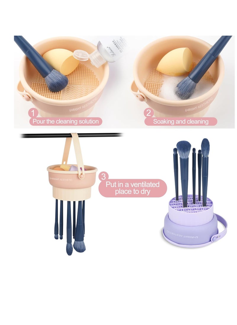 Makeup Brush Cleaner Mat 3 in 1 Silicone Makeup Brush Cleaning Bowl with Drying Holder Brush Cleaning Scrubber Tool Cosmetic Brush Cleaner with Holder for Storage Stand (Pink)