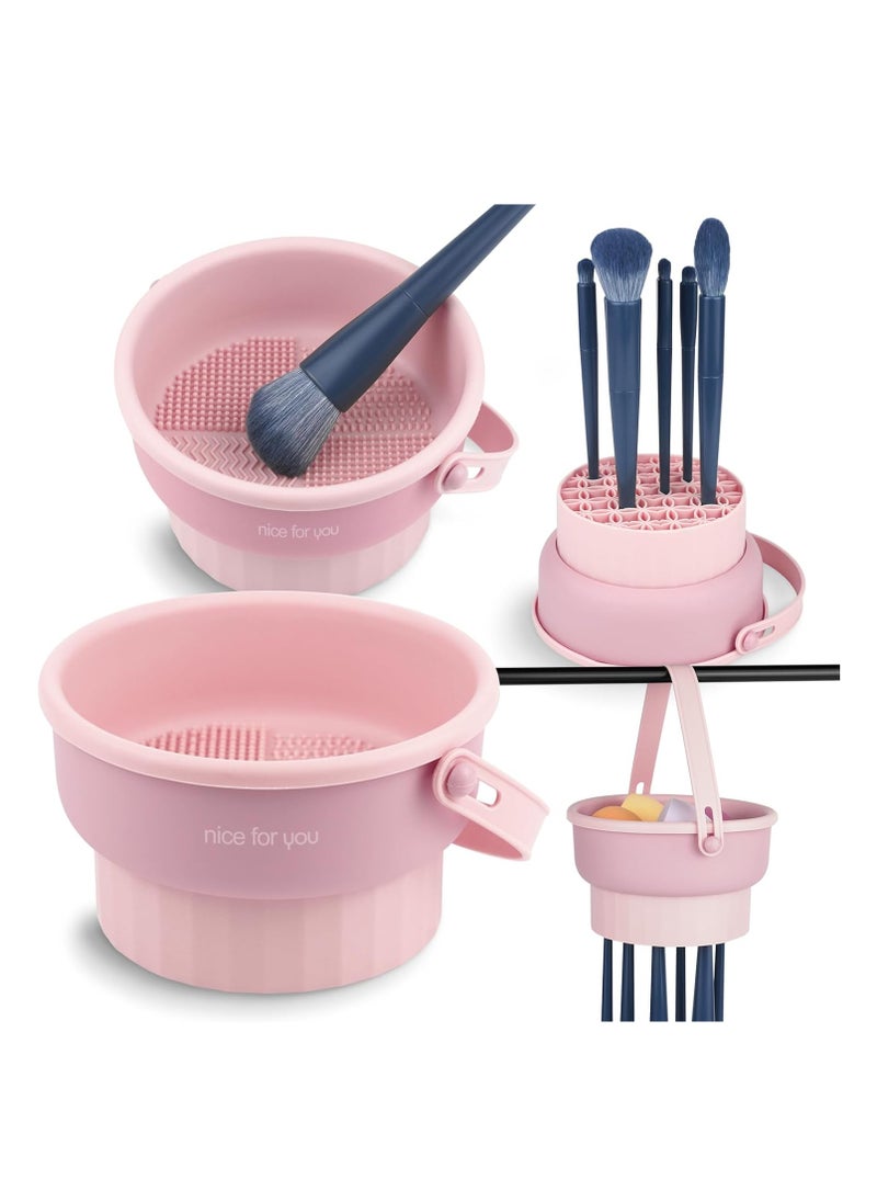 Makeup Brush Cleaner Mat 3 in 1 Silicone Makeup Brush Cleaning Bowl with Drying Holder Brush Cleaning Scrubber Tool Cosmetic Brush Cleaner with Holder for Storage Stand (Pink)