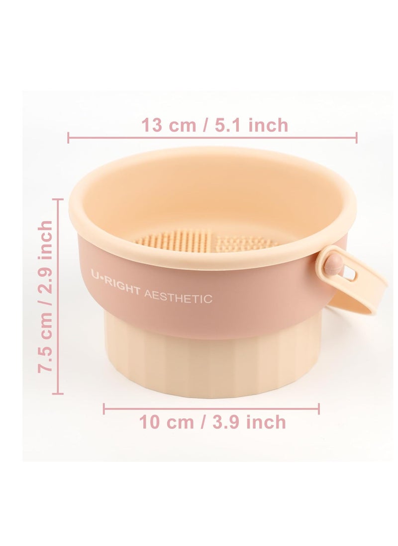 Makeup Brush Cleaner Mat 3 in 1 Silicone Makeup Brush Cleaning Bowl with Drying Holder Brush Cleaning Scrubber Tool Cosmetic Brush Cleaner with Holder for Storage Stand (Pink)