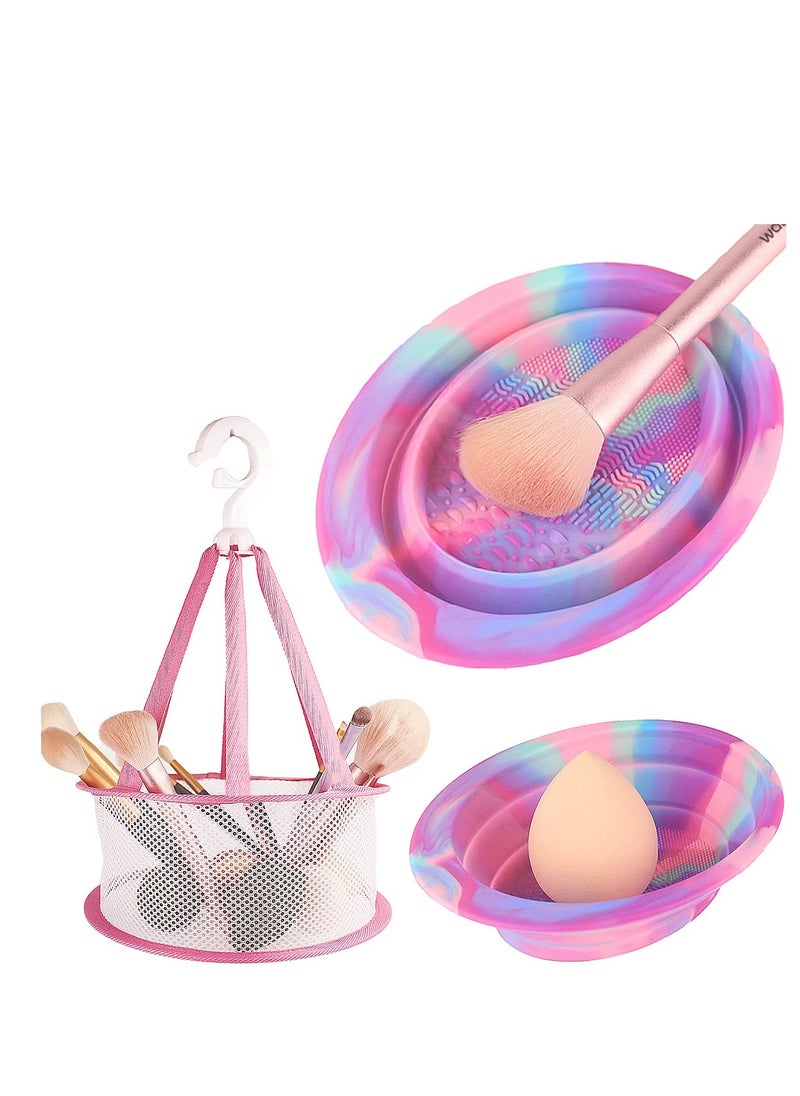 Makeup Brush Cleaning Mat & Hanging Drying Net, Foldable Silicone Makeup Brush Cleaner Brush Cleaning Pad cleaning bowl with Mesh Drying Rack Basket to dry Makeup Sponge, powder puff, brush (Colorful)