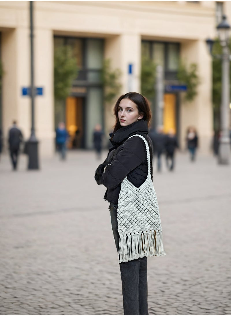 Handmade Crochet Shoulder Bag, Handbag with Boho Style Tassel Design, Women's Cotton Rope Crochet Bag, Knit Tote Bag, Beige