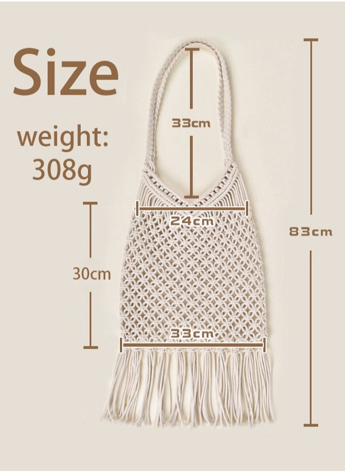 Handmade Crochet Shoulder Bag, Handbag with Boho Style Tassel Design, Women's Cotton Rope Crochet Bag, Knit Tote Bag, Beige