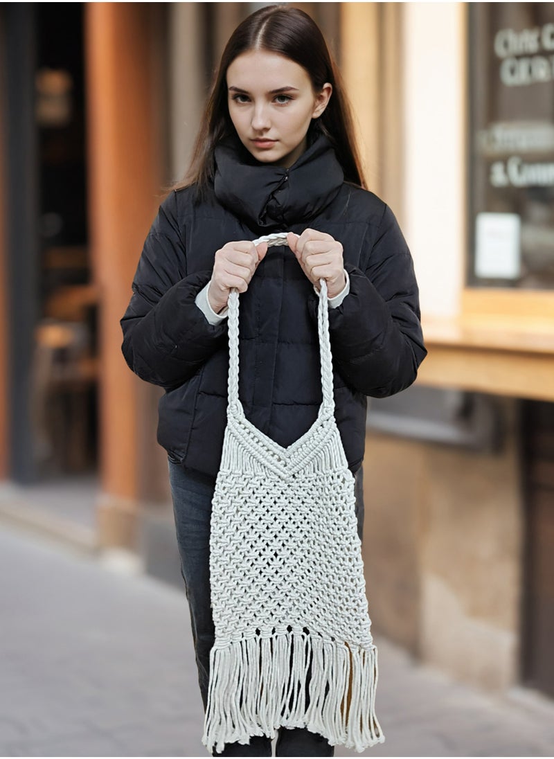 Handmade Crochet Shoulder Bag, Handbag with Boho Style Tassel Design, Women's Cotton Rope Crochet Bag, Knit Tote Bag, Beige