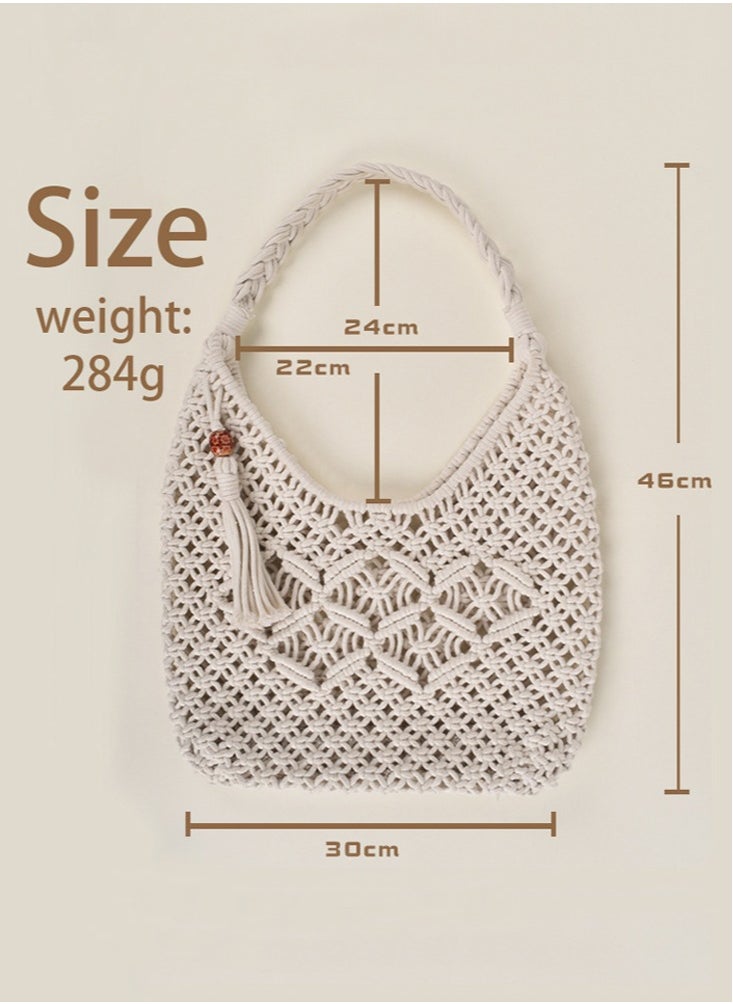 Handmade Crochet Shoulder Bag, Handbag with Boho Style Tassel Design, Women's Cotton Rope Crochet Bag, Knit Tote Bag, Beige