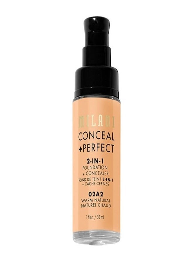 Milani Cosmetics Conceal + Perfect 2-In-1 Foundation + Concealer 02A2 Warm Natural Light - With Warm Peach Undertone 30ml – Full Coverage, Lightweight, Long-Lasting, Water-Resistant, Oil-Free, Vegan & Cruelty-Free