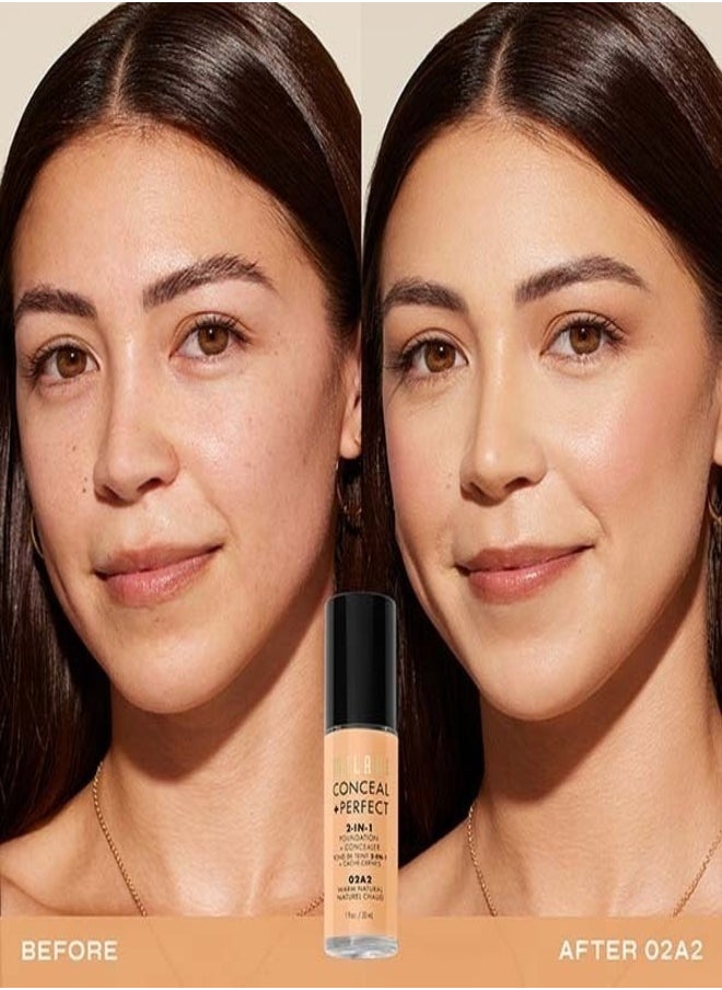 Milani Cosmetics Conceal + Perfect 2-In-1 Foundation + Concealer 02A2 Warm Natural Light - With Warm Peach Undertone 30ml – Full Coverage, Lightweight, Long-Lasting, Water-Resistant, Oil-Free, Vegan & Cruelty-Free