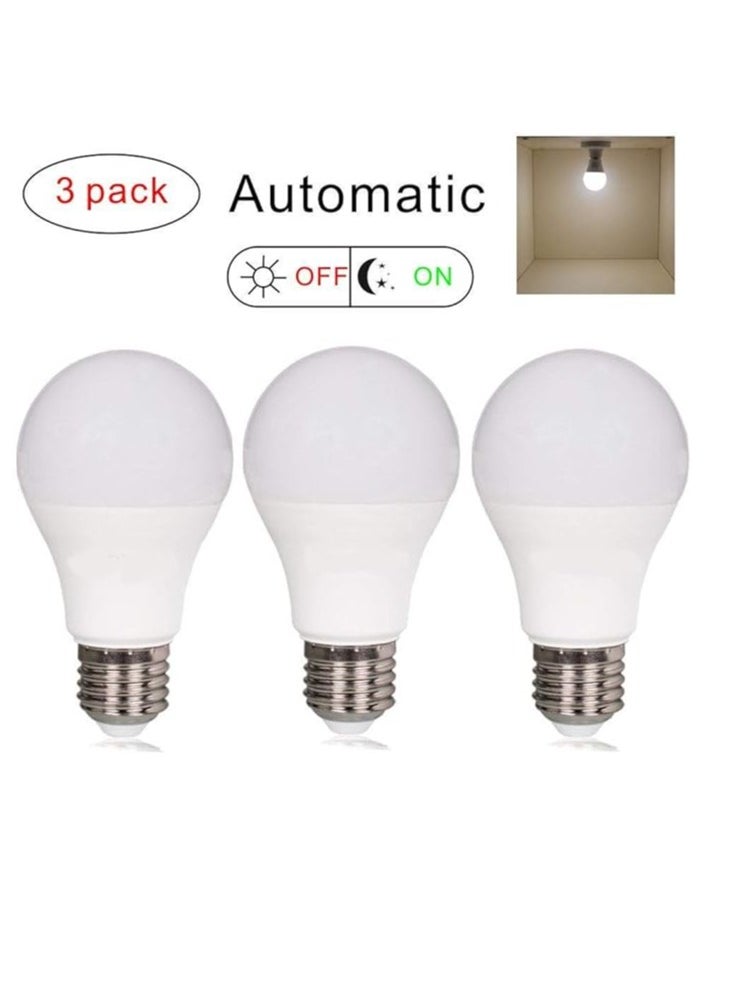 Dusk to Dawn Sensor LED Light Bulbs 7W 630 Lumen Daylight White 6000K, 60W Equivalent, Automatic On/Off,Suitable Used in Hallway, Yard, Porch, Patio, Garage Lighting,ES E27 Base 240V, 3-Pack