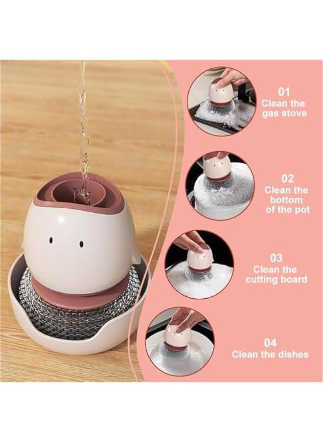 Dish Scrub Brush with Soap Dispenser,Upgrade Soap Dispensing Wire Brush,Creative Cartoon Pot Brush with Bottom Bracket,Non Stick Cookware Cleaning Tool for Dish Pot Pan Sink (2, Bean Red)