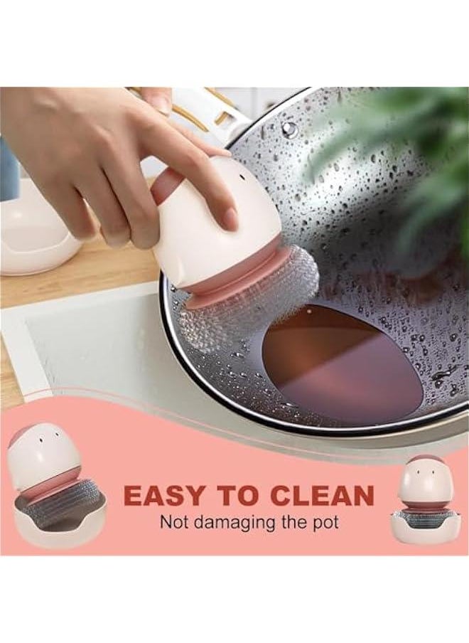 Dish Scrub Brush with Soap Dispenser,Upgrade Soap Dispensing Wire Brush,Creative Cartoon Pot Brush with Bottom Bracket,Non Stick Cookware Cleaning Tool for Dish Pot Pan Sink (2, Bean Red)