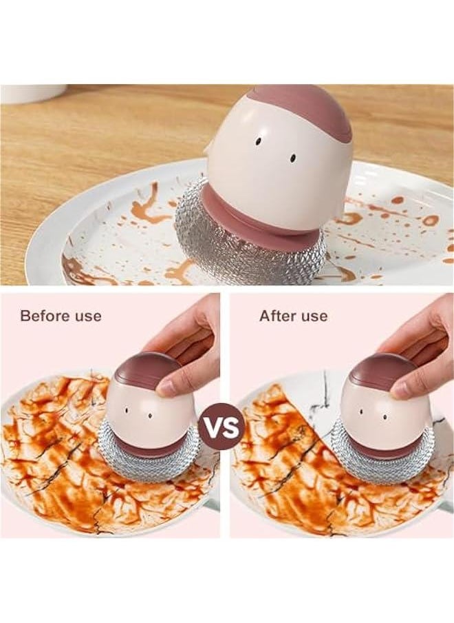 Dish Scrub Brush with Soap Dispenser,Upgrade Soap Dispensing Wire Brush,Creative Cartoon Pot Brush with Bottom Bracket,Non Stick Cookware Cleaning Tool for Dish Pot Pan Sink (2, Bean Red)