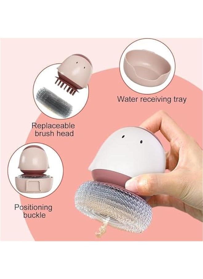 Dish Scrub Brush with Soap Dispenser,Upgrade Soap Dispensing Wire Brush,Creative Cartoon Pot Brush with Bottom Bracket,Non Stick Cookware Cleaning Tool for Dish Pot Pan Sink (2, Bean Red)