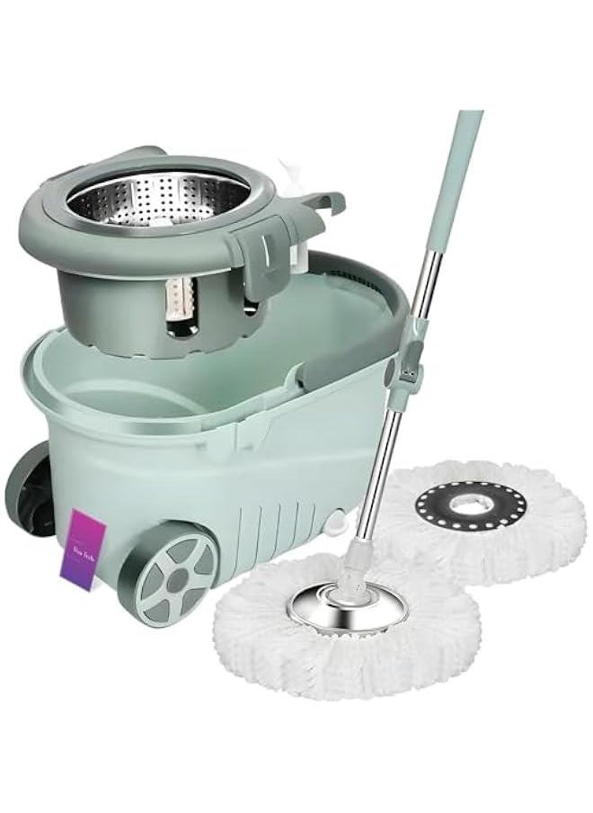 Multi Functional Spin Mops for Floor Cleaning w/Bucket- Stainless Steel Floor Wiper Microfiber 360 Spin Mop w/Basket w/ 125cm Extended Foldable Handle Microfiber Mop, 2x Wheel