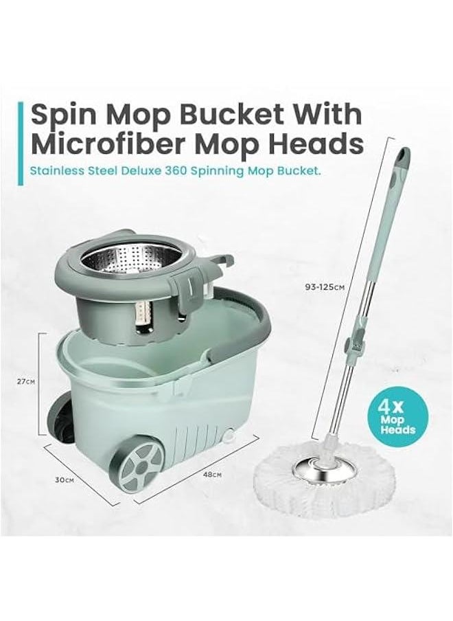 Multi Functional Spin Mops for Floor Cleaning w/Bucket- Stainless Steel Floor Wiper Microfiber 360 Spin Mop w/Basket w/ 125cm Extended Foldable Handle Microfiber Mop, 2x Wheel