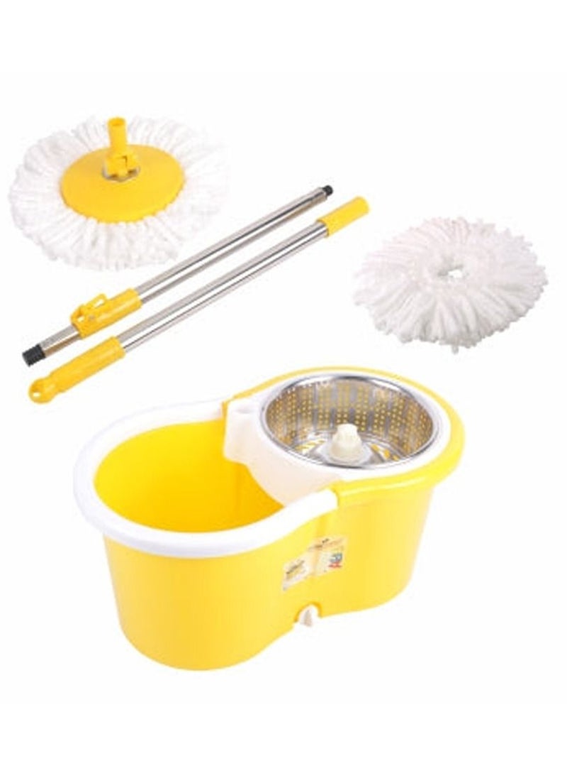 Stainless Steel Rod Floor Gripping Plastic Spin Dry Bucket With 2 Mop Heads 360 Degree Spin Pedal Rotation House Cleaning Mop Yellow