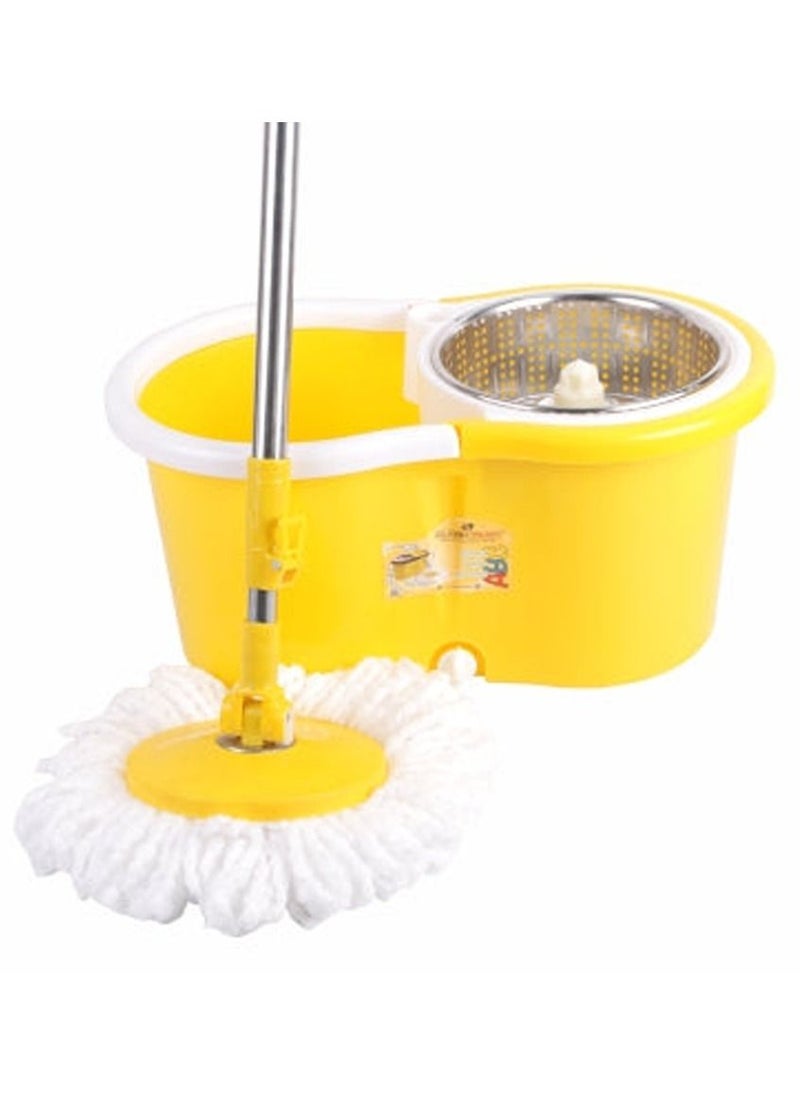 Stainless Steel Rod Floor Gripping Plastic Spin Dry Bucket With 2 Mop Heads 360 Degree Spin Pedal Rotation House Cleaning Mop Yellow