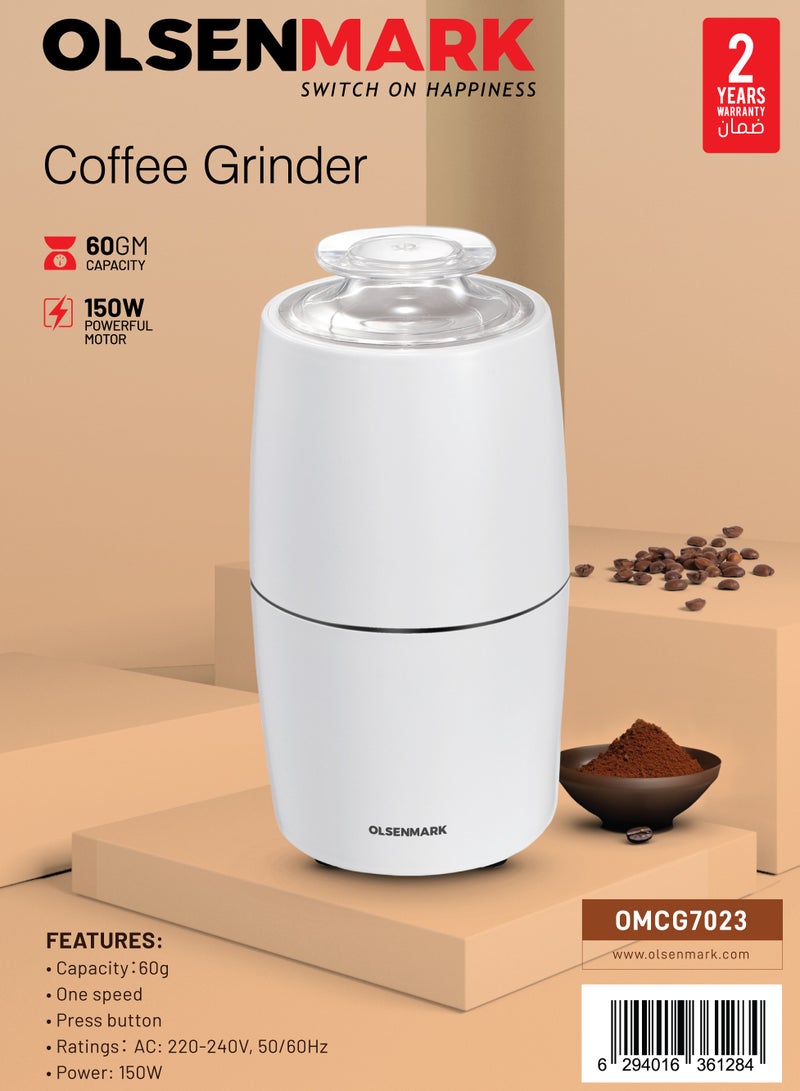 Coffee Grinder  60 g Capacity, 150W Powerful Motor, Durable Jar and Blade, Ergonomic Grip 0.06 kg 150 W OMCG7023 white