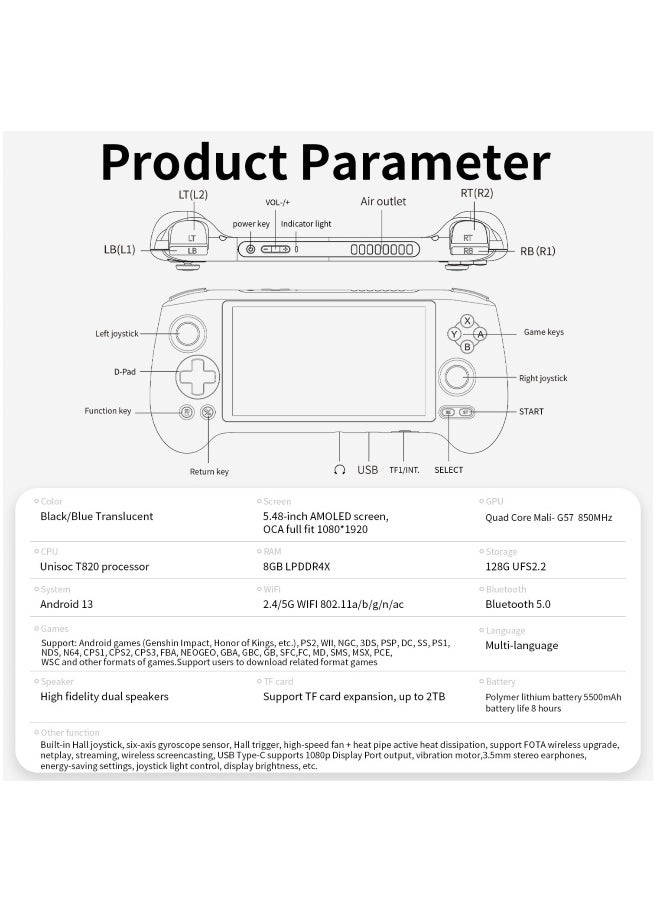 RG556 Handheld Game Console Unisoc T820 Android 13 5.48 inch AMOLED Screen 5500mAh WIFI Bluetooth Retro Video Players (Transparent blue)