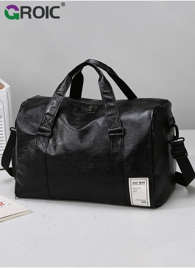 Leather Gym Fitness Bag,Gym Duffle Bag for Men Women,Travel Duffel Bag with Shoe Compartment & Wet Pocket,Weekender Bag,Fitness Bag,Sports Bag(Black)