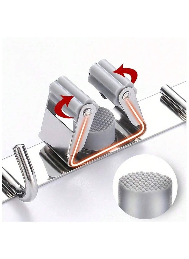 Broom Mop Holder Wall Mount, Stainless Steel Heavy Duty Self Adhesive Garage Organization Tool, Organizer Storage Tool Closet with 3 Racks and 4 Hooks, Perfect for Kitchen, Garden, Room