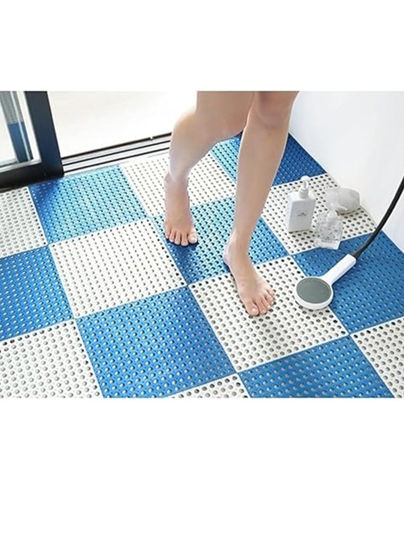 12 Pack Bath Mat, Non Slip Shower Mat, Bathroom Mats Bathroom Rugs Interlocking Soft Floor Mats DIY Floor Mat with Drain Holes for Home Kitchen Bathroom Shower Pool Balcony (6 White+6 Blue)