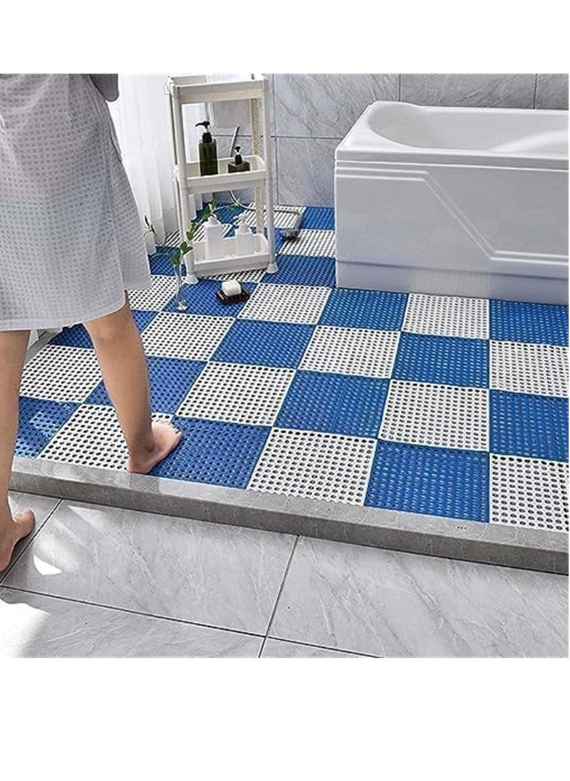 12 Pack Bath Mat, Non Slip Shower Mat, Bathroom Mats Bathroom Rugs Interlocking Soft Floor Mats DIY Floor Mat with Drain Holes for Home Kitchen Bathroom Shower Pool Balcony (6 White+6 Blue)