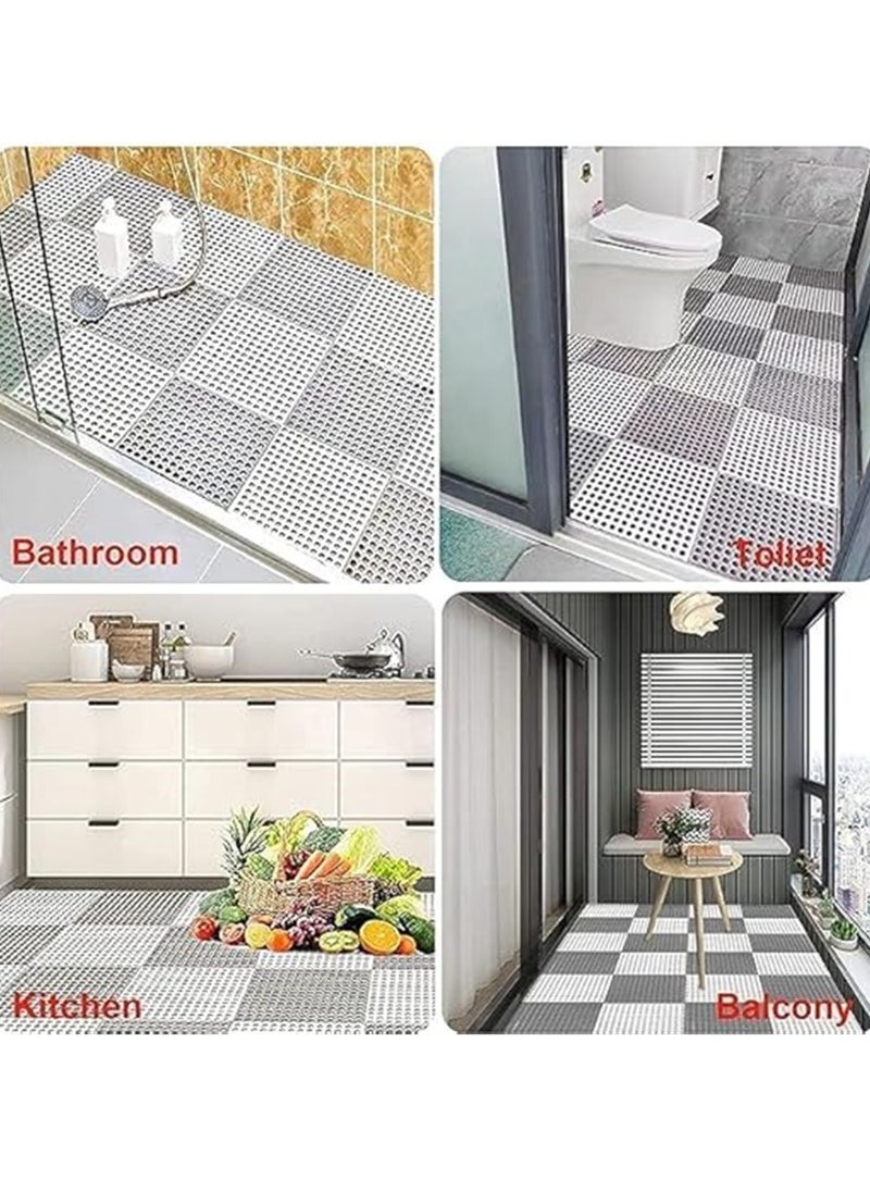 12 Pack Bath Mat, Non Slip Shower Mat, Bathroom Mats Bathroom Rugs Interlocking Soft Floor Mats DIY Floor Mat with Drain Holes for Home Kitchen Bathroom Shower Pool Balcony (6 White+6 Grey)