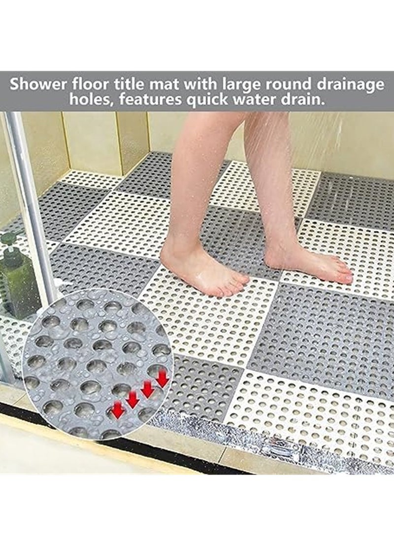 12 Pack Bath Mat, Non Slip Shower Mat, Bathroom Mats Bathroom Rugs Interlocking Soft Floor Mats DIY Floor Mat with Drain Holes for Home Kitchen Bathroom Shower Pool Balcony (6 White+6 Grey)