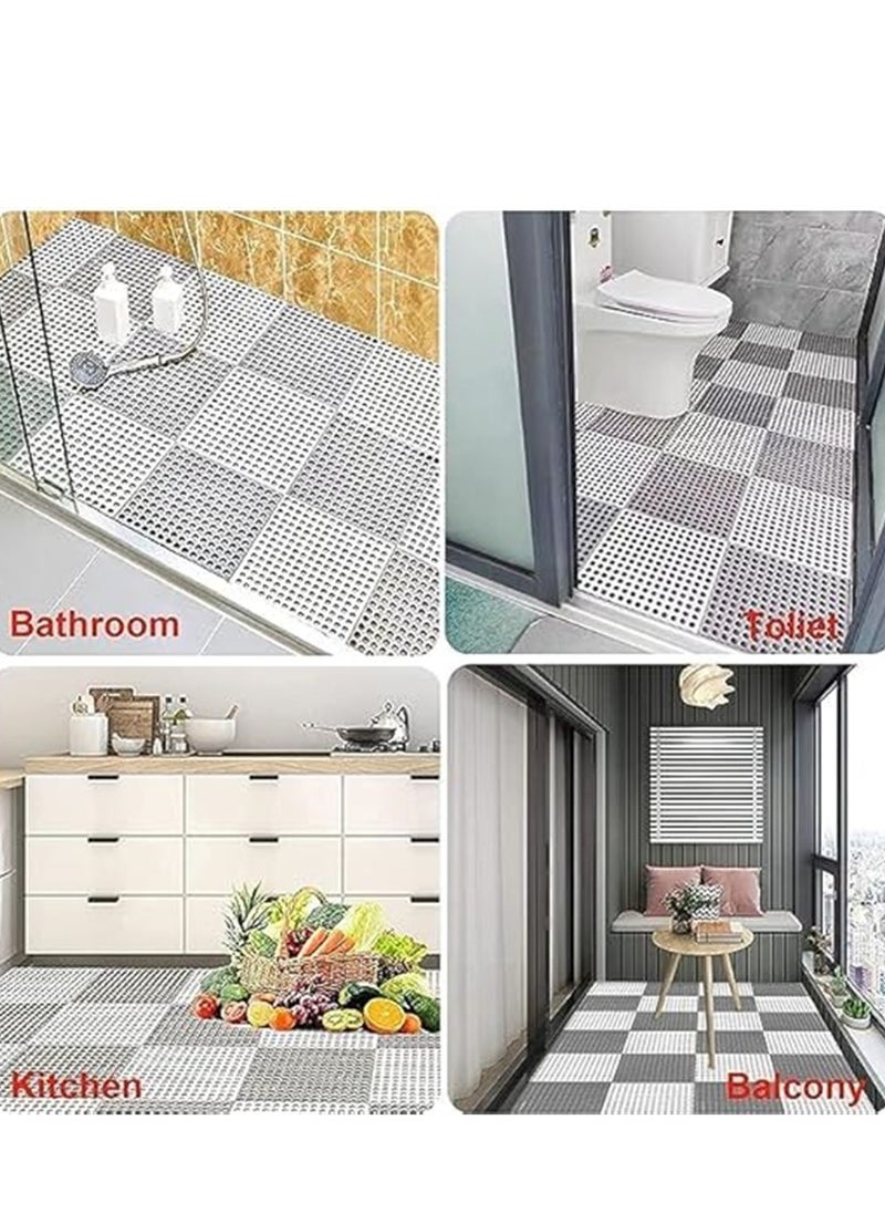 12 Pack Bath Mat, Non Slip Shower Mat, Bathroom Mats Bathroom Rugs Interlocking Soft Floor Mats DIY Floor Mat with Drain Holes for Home Kitchen Bathroom Shower Pool Balcony (12 Grey)