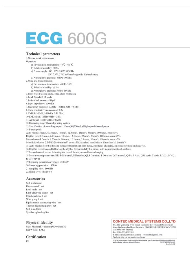 CONTEC ECG600G Digital 12 Lead Electrocardiograph ECG machine EKG CE