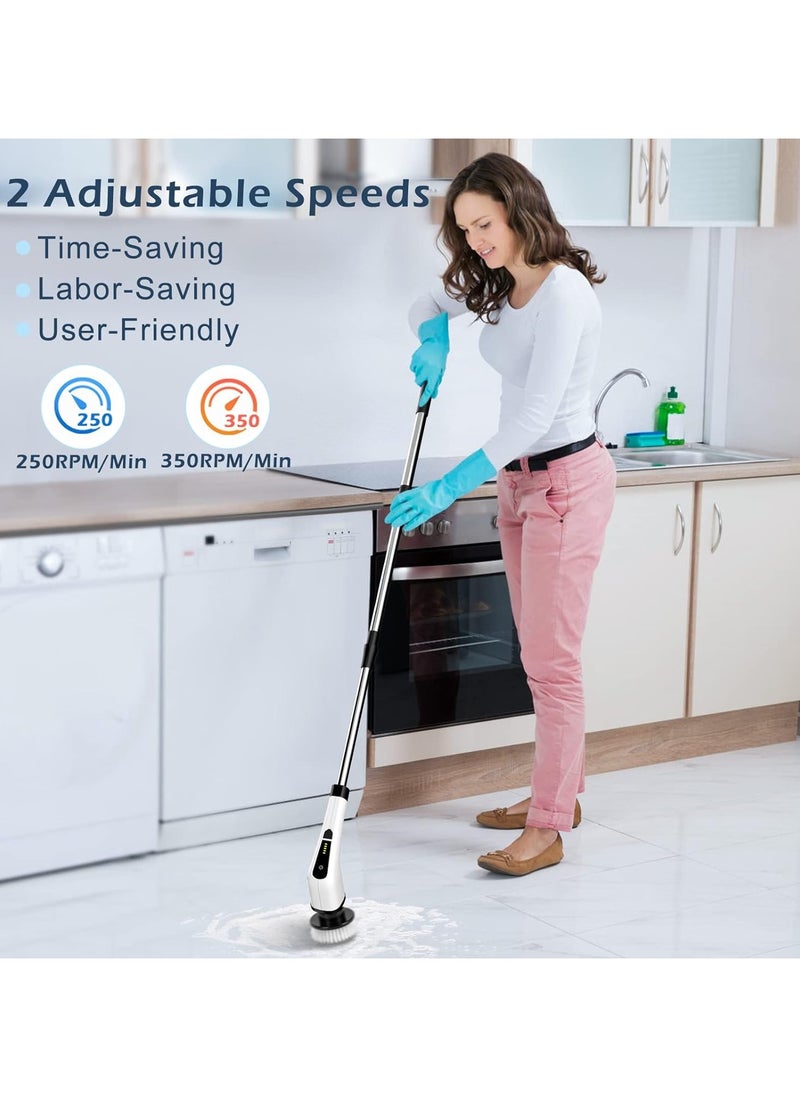 Cordless Electric Spin Scrubber, Electric Cleaning Brush with 8 Replacement Brush Heads, 90Mins Working Time, 3 Adjustable Handle, 2 Adjustable Speeds for Bathroom Kitchen Bathtub Glass Car