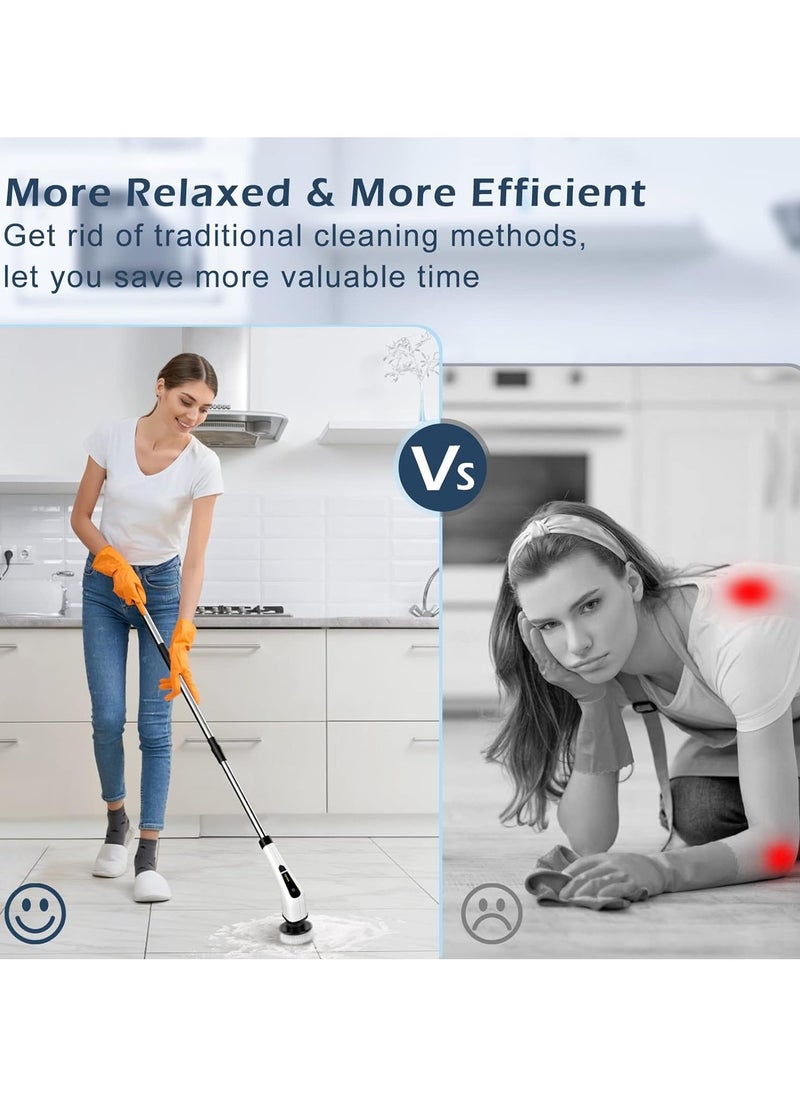 Cordless Electric Spin Scrubber, Electric Cleaning Brush with 8 Replacement Brush Heads, 90Mins Working Time, 3 Adjustable Handle, 2 Adjustable Speeds for Bathroom Kitchen Bathtub Glass Car