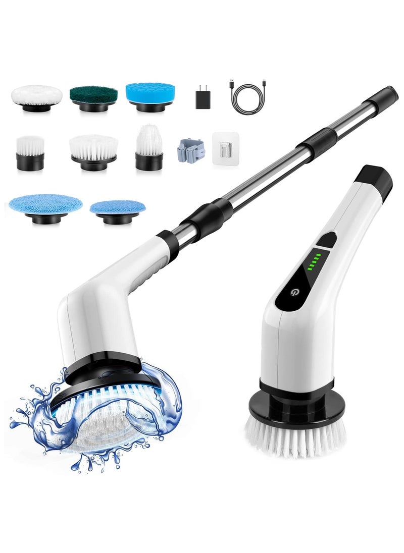 Cordless Electric Spin Scrubber, Electric Cleaning Brush with 8 Replacement Brush Heads, 90Mins Working Time, 3 Adjustable Handle, 2 Adjustable Speeds for Bathroom Kitchen Bathtub Glass Car