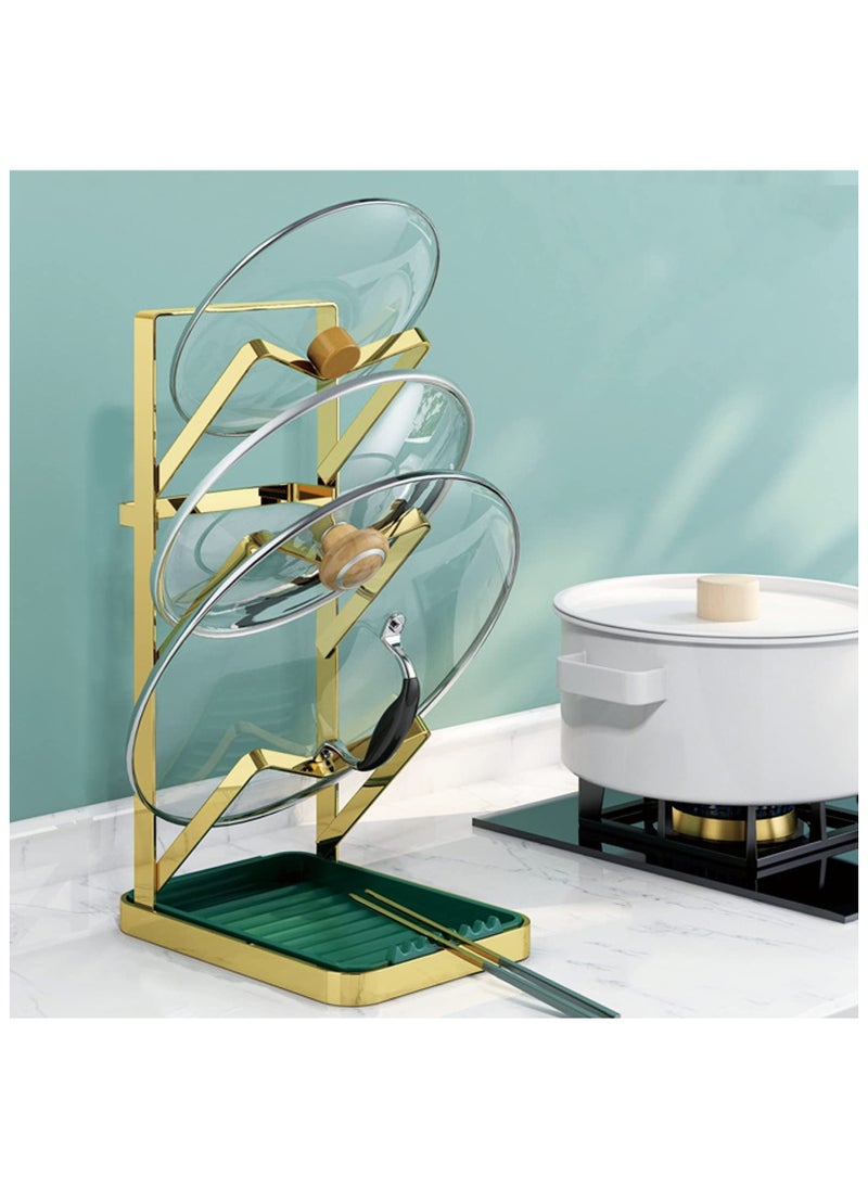 Multifunctional 3-Layer Pot Lid Holder & Kitchen Organizer - Wall Mounted Utensil Rack with Spoon Rest, Knife Rack, Pan Stand, and Cutting Board Holder - Space-Saving Cooking Accessories for Modern Kitchens